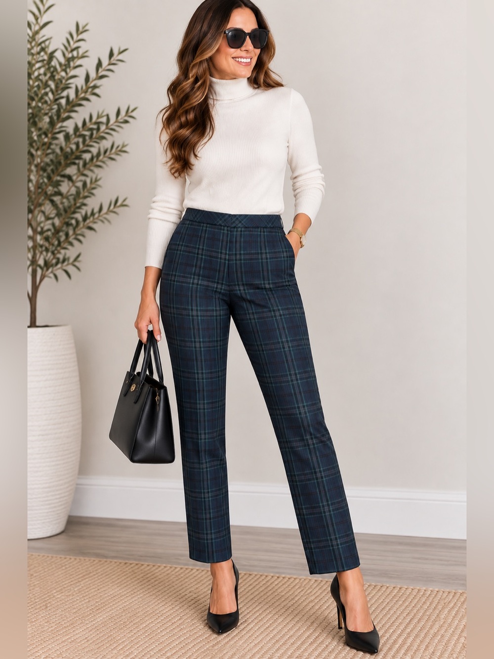 J.Jill Premium Bi-Stretch Navy Plaid Straight Leg Pants Size 14 Preppy Academia